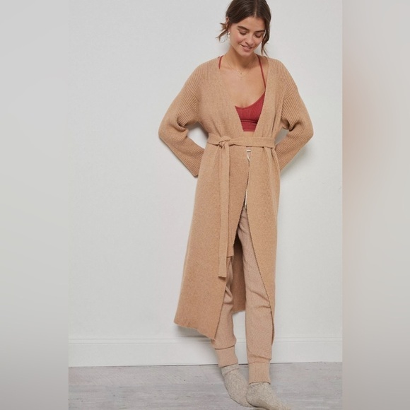 Amadi Anthropologie Women’s Alma Cozy Cardigan Ribbed Belted Tan Size L - Picture 2 of 10